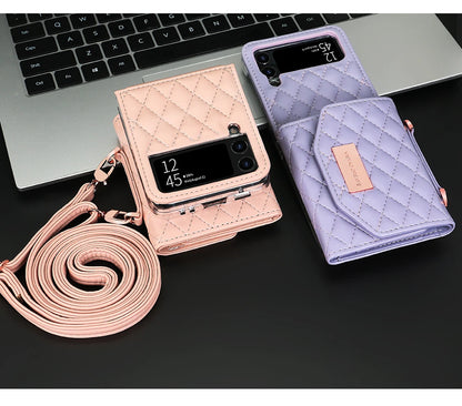 VIETAO Leather Wallet Phone Case with Crossbody Strap — Pink Purse Case for Samsung Galaxy Z Flip 3/4/5/6/7