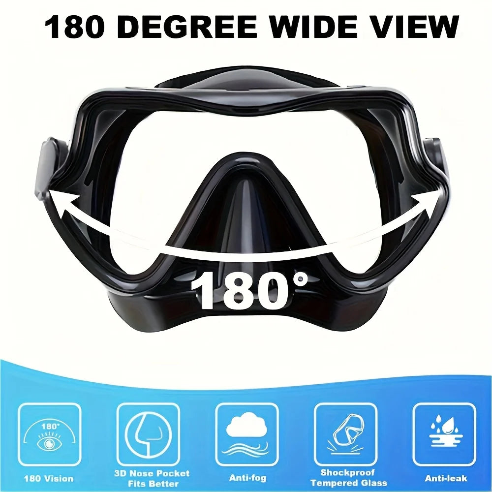 Tempered Glass Diving Mask & Snorkel Set - Panoramic Adult Scuba & Swimming Snorkeling Gear
