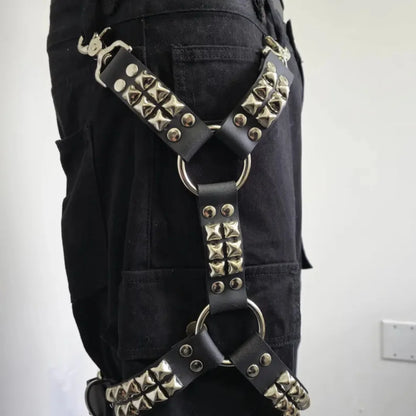 Gothic Leg Harness Strap - Black PU Leather Rivet Belt for Jeans, Hip Hop, Punk and Unisex Fashion