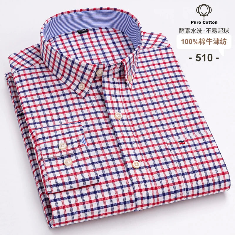 Men's 100% Cotton Oxford Plaid Shirt - Soft Regular Fit Long Sleeve Formal Dress Shirt with Pocket S-7XL