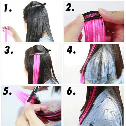 22-Inch Rainbow Highlight Synthetic Hair Extensions – Long Straight Colorful Hairpiece for Women & Kids