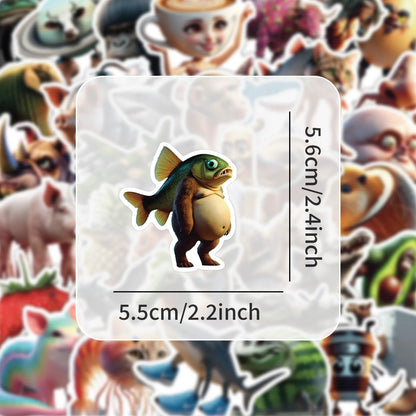 50Pcs Abstract Animal Stickers - Cartoon DIY Decals for Luggage, Phone, Cups, Guitar and More