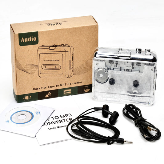 TON010 Portable Cassette Player – Transparent Tape Recorder with USB Cassette-to-MP3 Converter & Music Playback