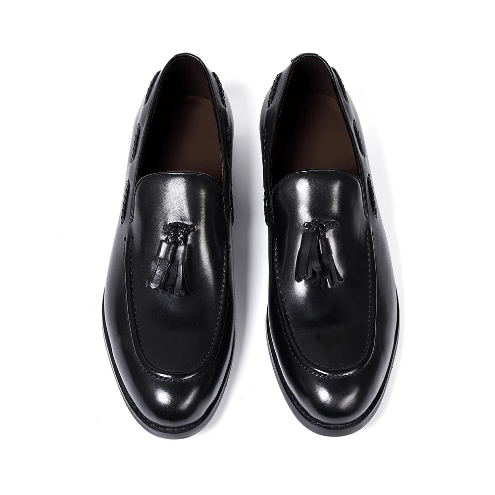 Men’s Genuine Leather Tassel Loafers - Handmade Slip-On Casual Dress Shoes for Office Wedding and Daily Wear