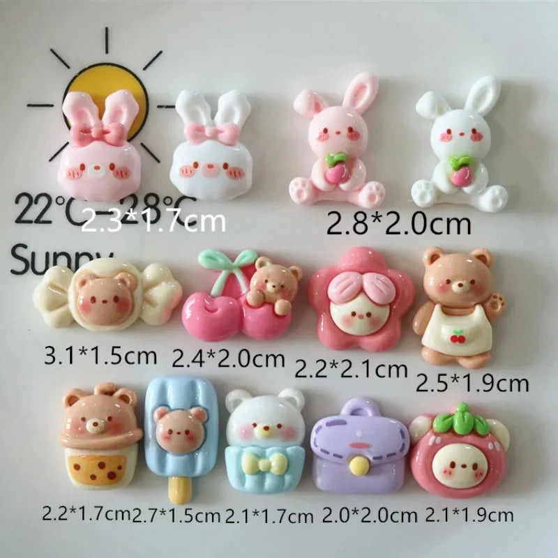 10-Piece Cute Cherry, Rabbit, and Bear Resin Embellishments - Kawaii Flatback Charms for DIY Scrapbooking, Crafts, and Home Decor