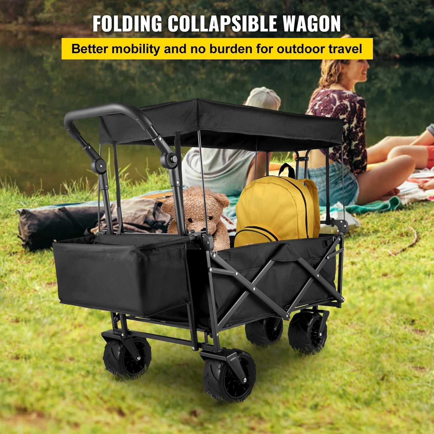 VEVOR Folding Wagon Cart with Adjustable Handle & Removable Canopy – Collapsible Oxford Cloth Utility Cart for Camping, Beach & Outdoor Use