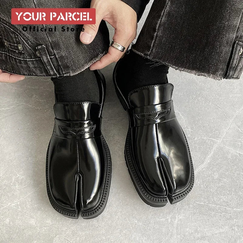 Men’s Split Toe Tabi Loafers – Thick Sole Patent Leather Casual Korean Trend Shoes