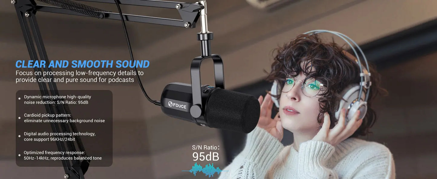 FDUCE SL40+ USB/XLR Dynamic Microphone Kit with Headset Output, Sound Insulation & Arm Stand for PC, PS5/PS4, and Mixers