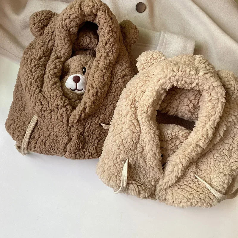 Cartoon Bear Ear Lamb Beanie Hat with Mask - Warm Balaclava Winter Skullies for Women & Girls