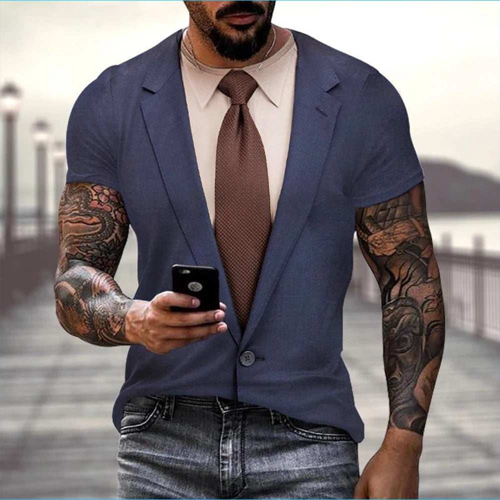 3D Fake Suit T-Shirt - Funny Tailcoat & Bow Graphic Summer Casual Tee