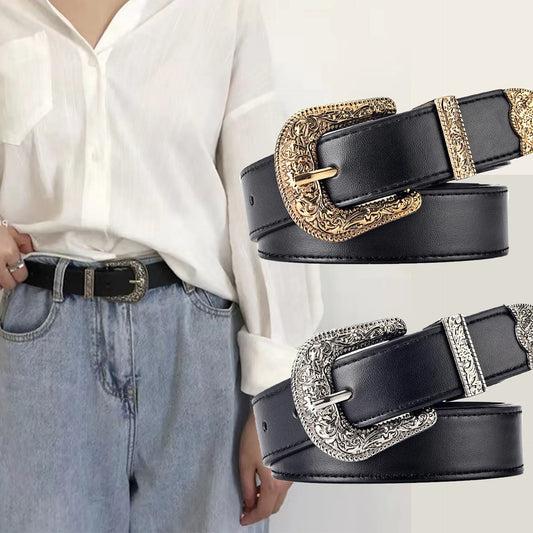 Vintage Carved Needle Buckle Belt — PU Leather Punk Hip Hop Rock Style Unisex Jeans Belt, Y2K Fashion Accessory