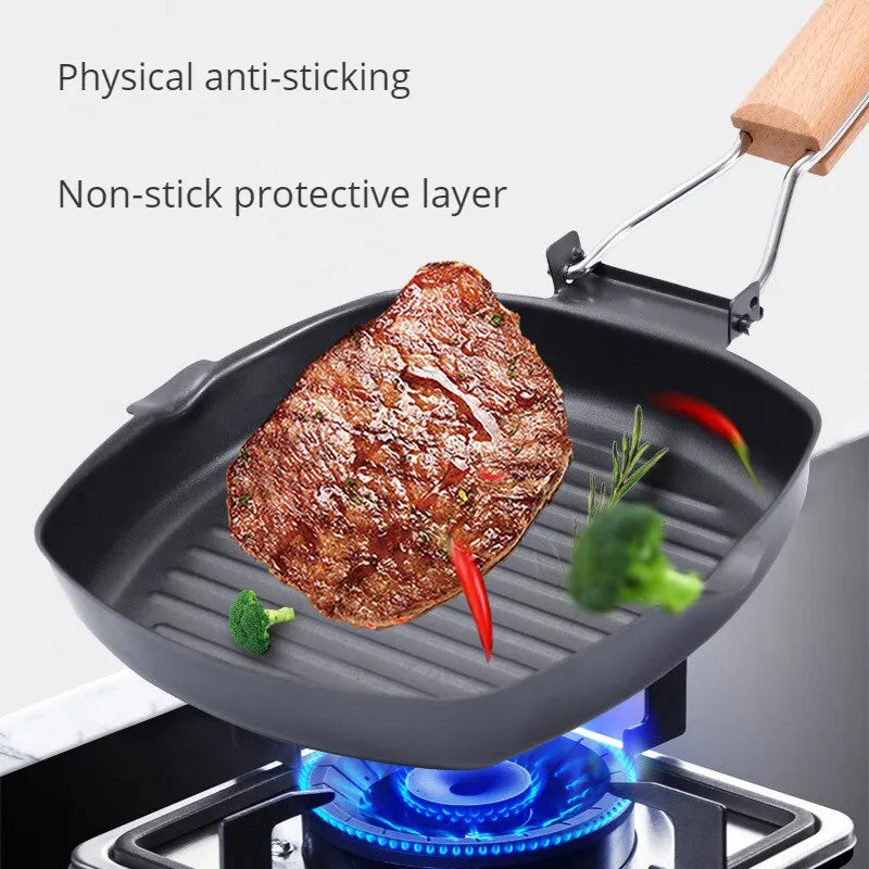 Foldable Portable Grill Pan – Double-Mouth Steak Pan with Anti-Scald Wooden Handle for Outdoor Cooking