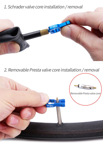 RISK 4-in-1 Bike Valve Core Wrench – Portable Road Bicycle Tool with 2 Presta Valve Caps for Installation & Removal