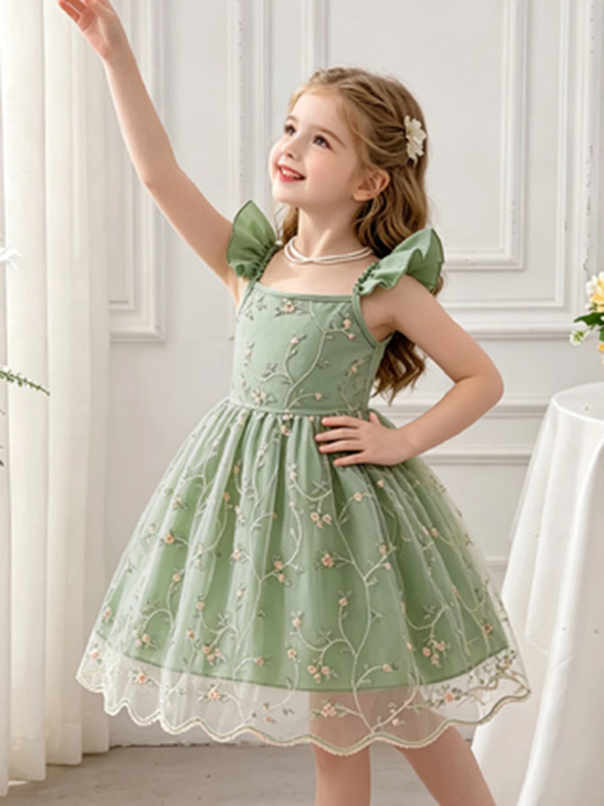 Girls’ Green Floral Tulle Princess Dress - Flutter Sleeve Puffy Skirt Summer Party Dress