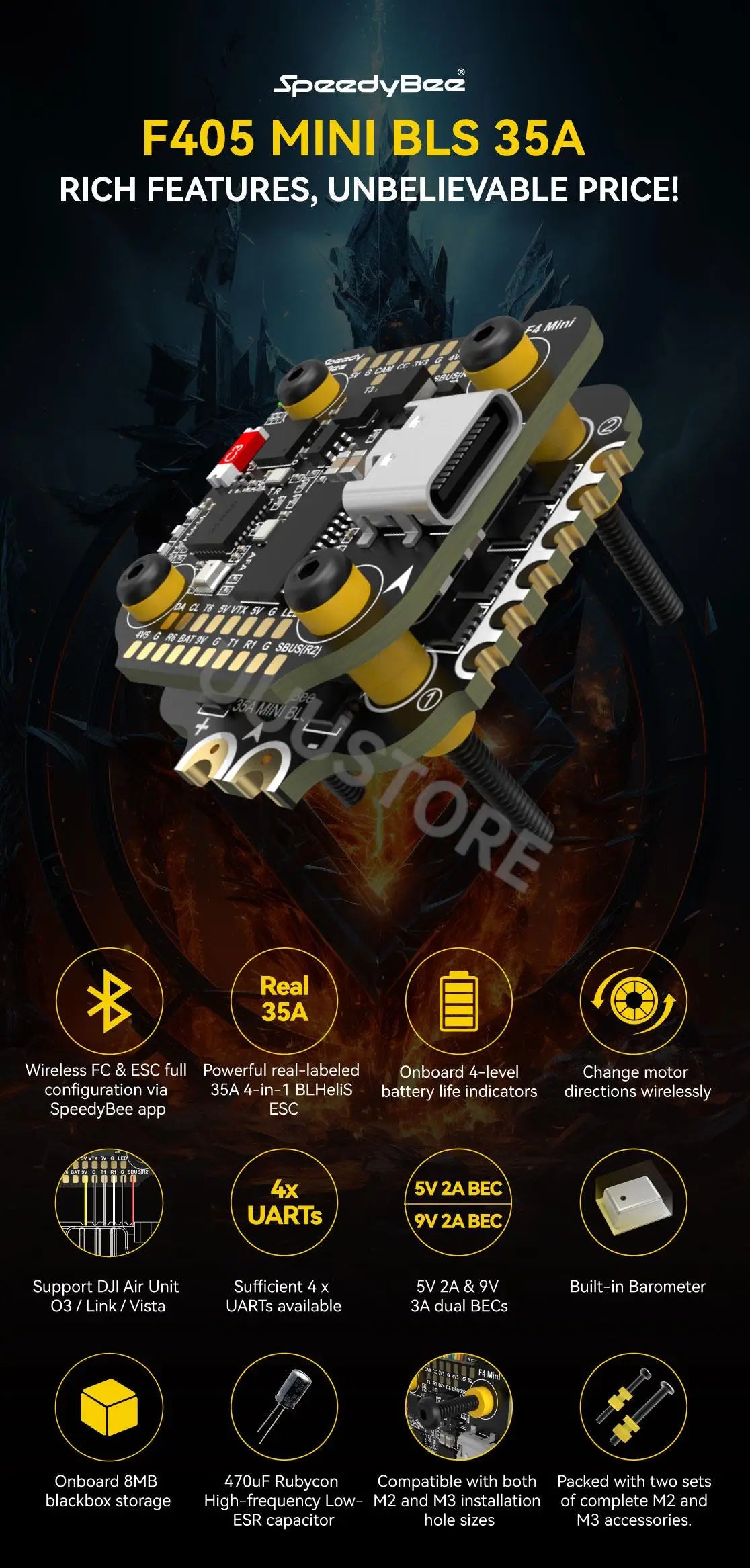 SpeedyBee F405 Mini 20x20 Stack — BLS 35A Flight Controller + BLS 35A Mini V2 4-in-1 ESC for FPV Racing Drones