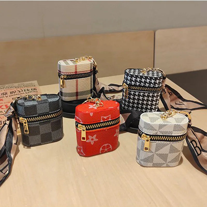 Mini Striped Textured Bucket Bag – AirPods & Small Items Case with Coin Purse and Hook (Fits AirPods 1/2/3/4/Pro)