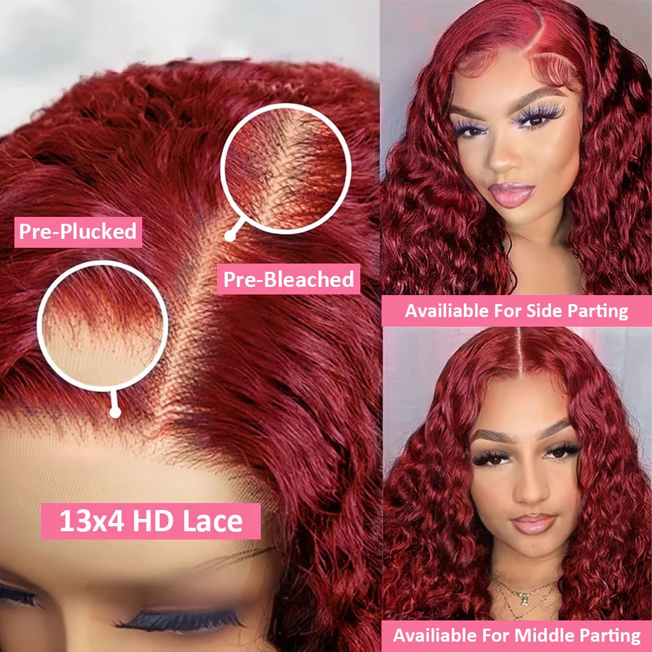 99J Burgundy Deep Wave Lace Front Wig – High Density Curly Red 13x6 HD Transparent Frontal Human Hair