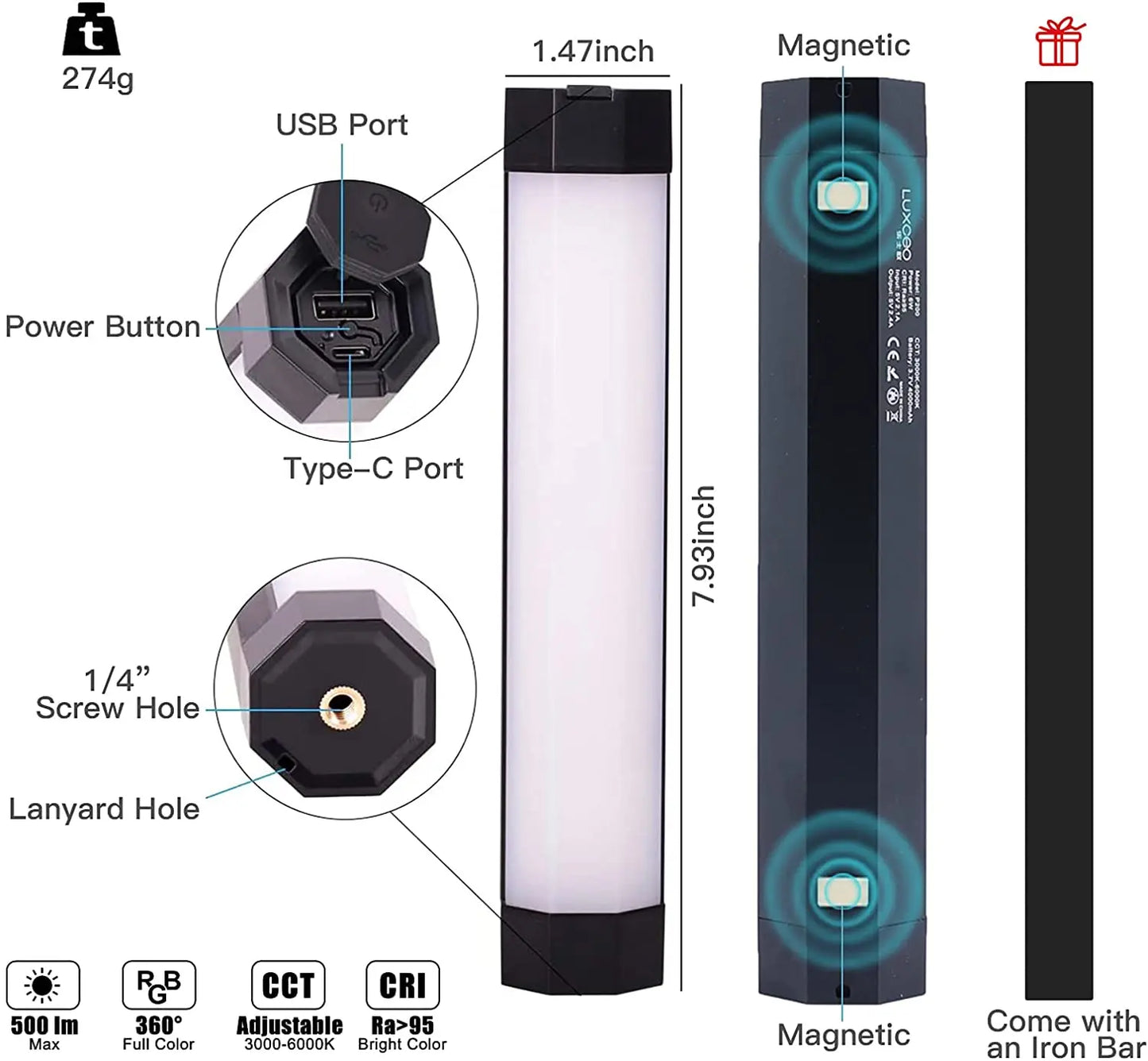 LUXCEO P200 RGB Tube LED Video Light - Rainproof, Built-in Battery, Magnet, APP Control - Studio Photo Product Lighting