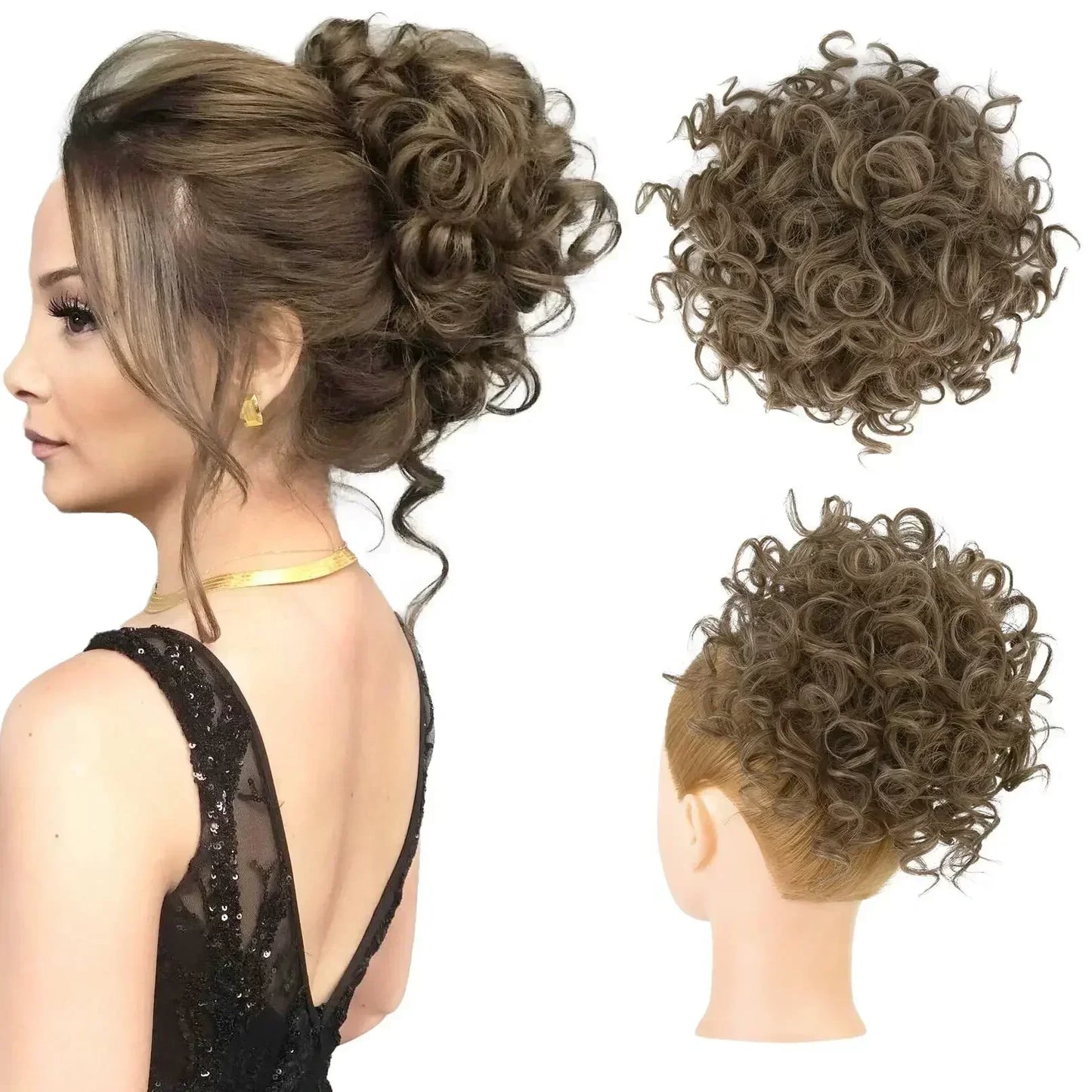Synthetic Messy Curly Hair Bun – Short Loose Wave Updo Ponytail, Blonde Chignon Hairpiece, Heat-Resistant Extensions for Women