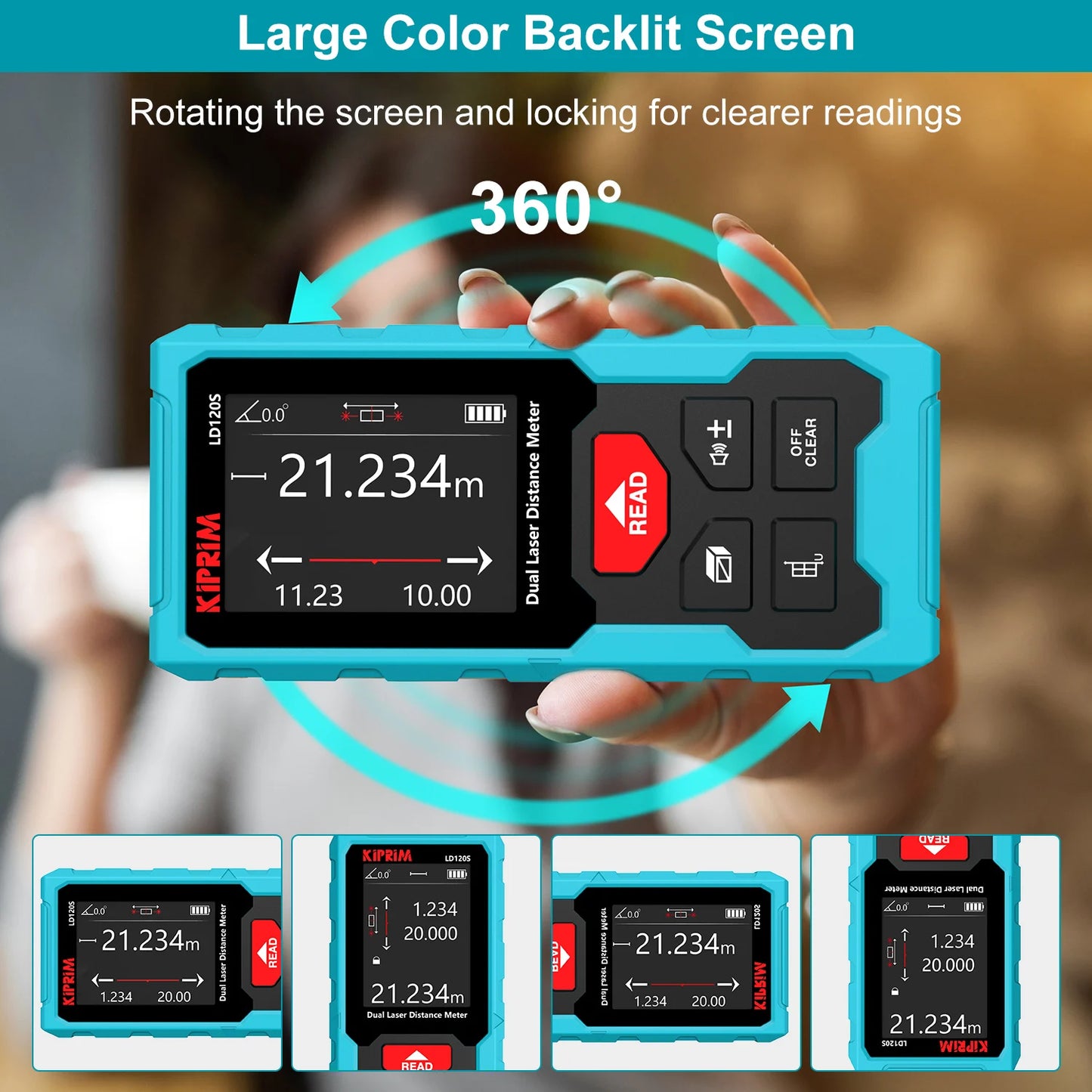 Kiprim Dual Laser Distance Meter, Rechargeable 120m Bilateral Laser Rangefinder, Digital Tape Measure with Angle Measurement Tool