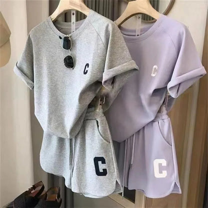Women's 2-Piece Summer Pajamas Set – Loose Short Sleeve T-Shirt and Casual Shorts with Sports Letter Print, Large Size Homewear