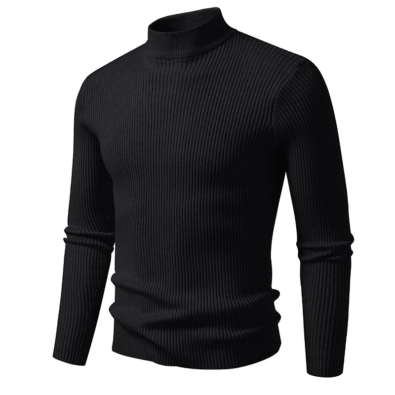 Men's Mock Neck Pullover Sweater - Striped High Neck Long Sleeve Winter Warm Casual Knitwear