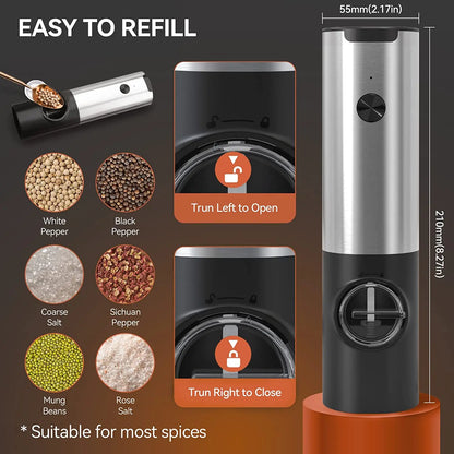 USB Rechargeable Electric Salt & Pepper Grinder – Adjustable Roughness for Freshly Ground Pepper and Spice Powder