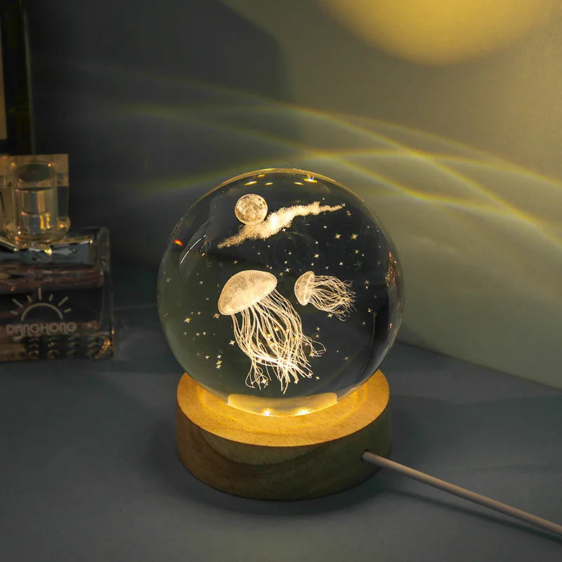 3D Laser Engraved Jellyfish Crystal Ball LED Night Light - Unique Birthday, Christmas & Gift Decor
