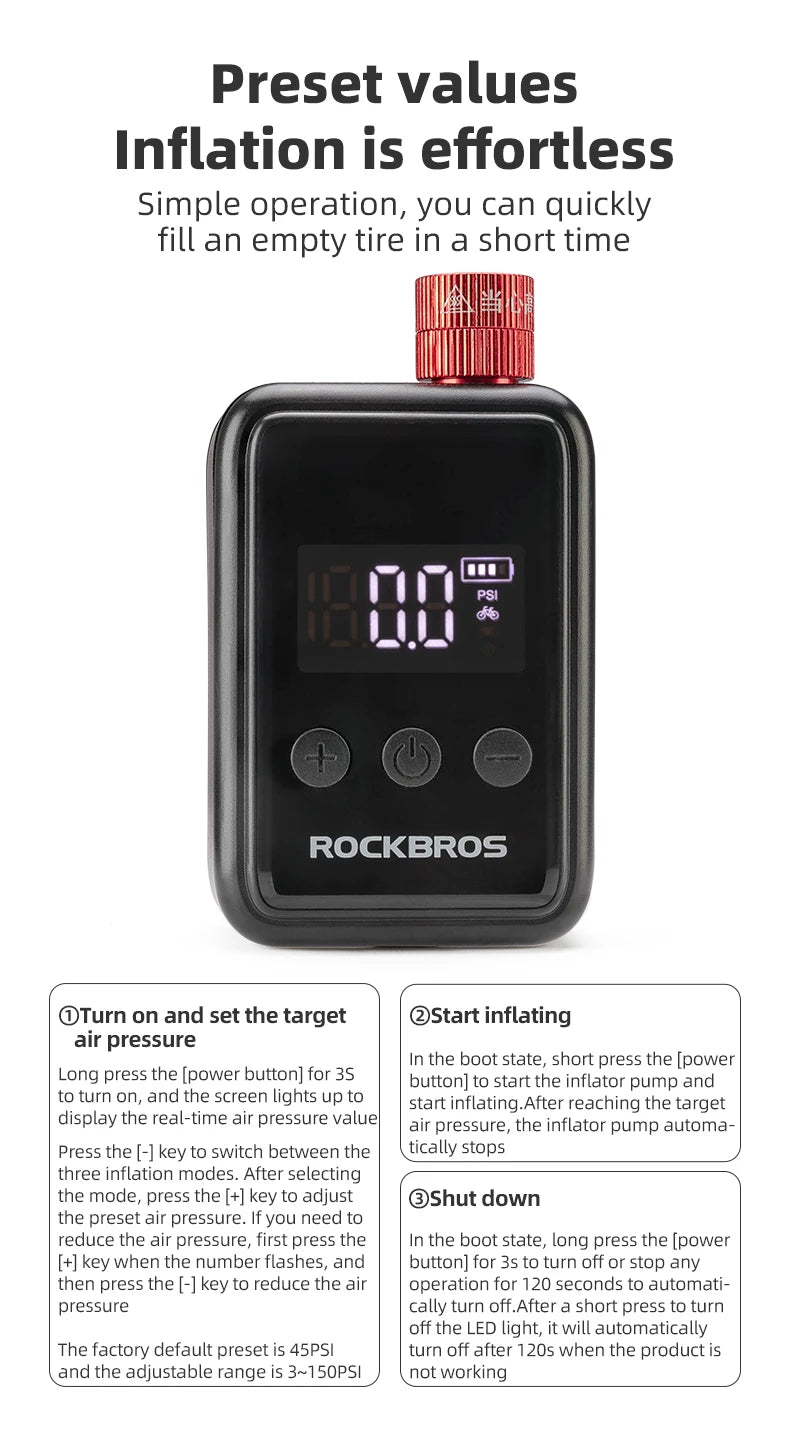 ROCKBROS 150 PSI Portable Bike Air Pump – Digital Tire Inflator, Rechargeable Mini Compressor