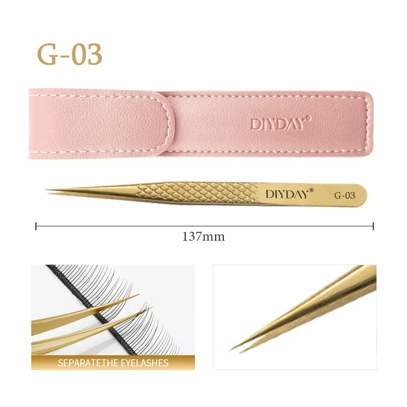 DIYDAY Anti-Slip Eyelash Tweezers — Stainless Steel Precision Fiber Tip for Eyelash Extensions & Makeup Tools