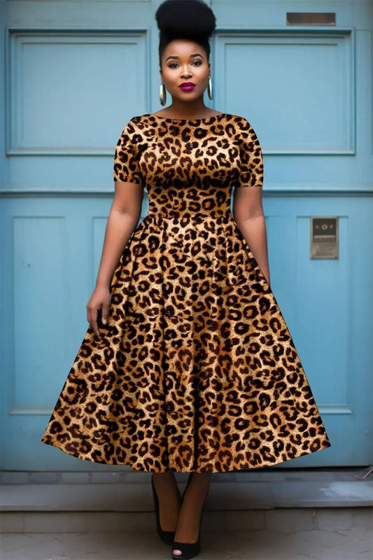 Women’s Plus Size Leopard Print Dress – Round Neck, Short Sleeve A-Line Pleated Vintage Evening Dress 2025