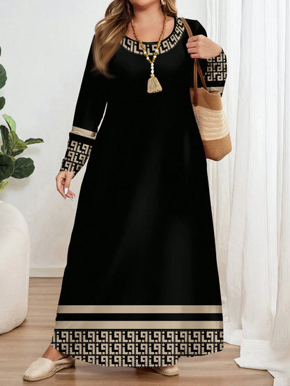 Plus-Size Women’s Ethnic Geometric Print Dress – Long Sleeve Round Neck Fashionable Maxi Dress