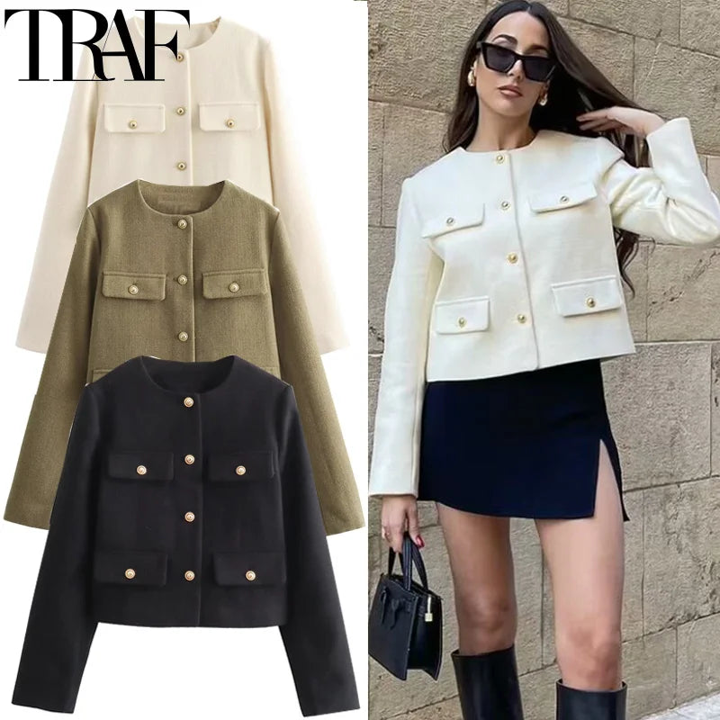TRAF Women's Autumn Outerwear – Long Sleeve Cropped Jacket, Winter Button Demi-Season Short Coat, Elegant Women’s Coat