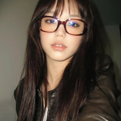 Retro Square Oval Blue Light Glasses – Thick Red Frame Korean Fashion Eyewear for Women