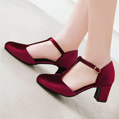Women’s T-Strap High Heels – Velvet Mary Jane Pumps, Red & Green Party, Wedding, Office Shoes, Plus Size 45