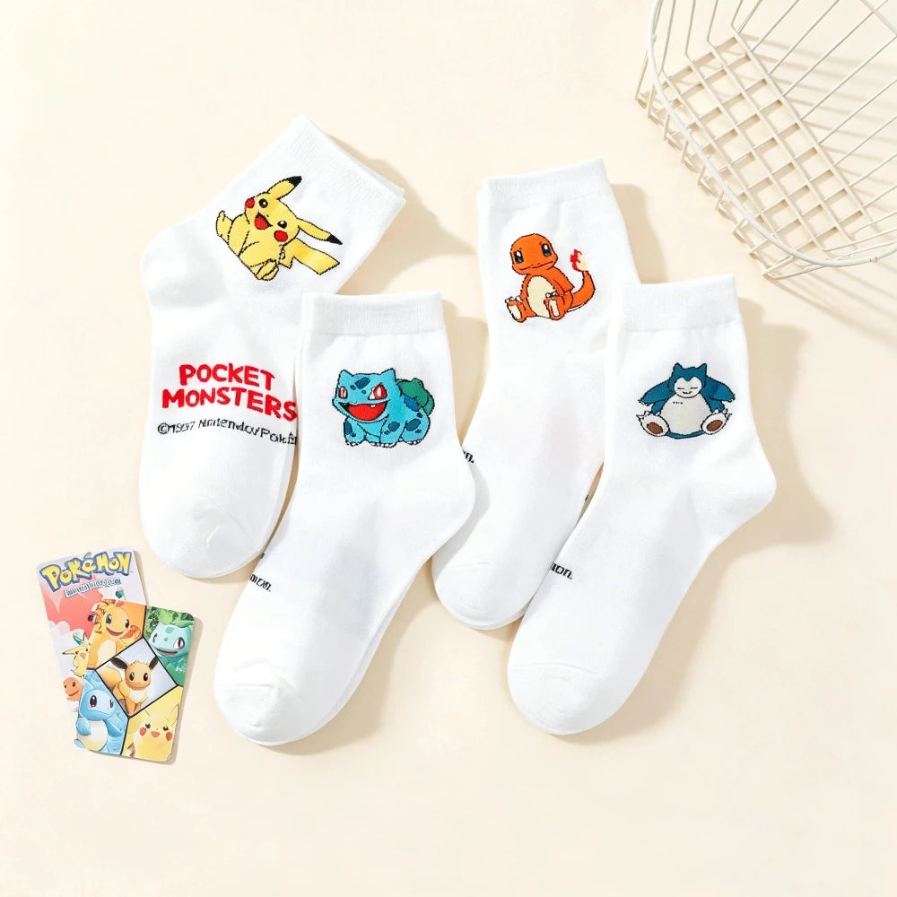 5 Pairs Women's Pokemon Cartoon Socks - Cute Cotton Mid-Calf Crew Socks with Colorful Graffiti Prints