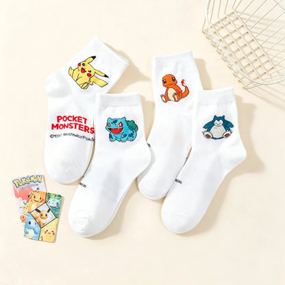 5 Pairs Women's Pokemon Cartoon Socks - Cute Cotton Mid-Calf Crew Socks with Colorful Graffiti Prints
