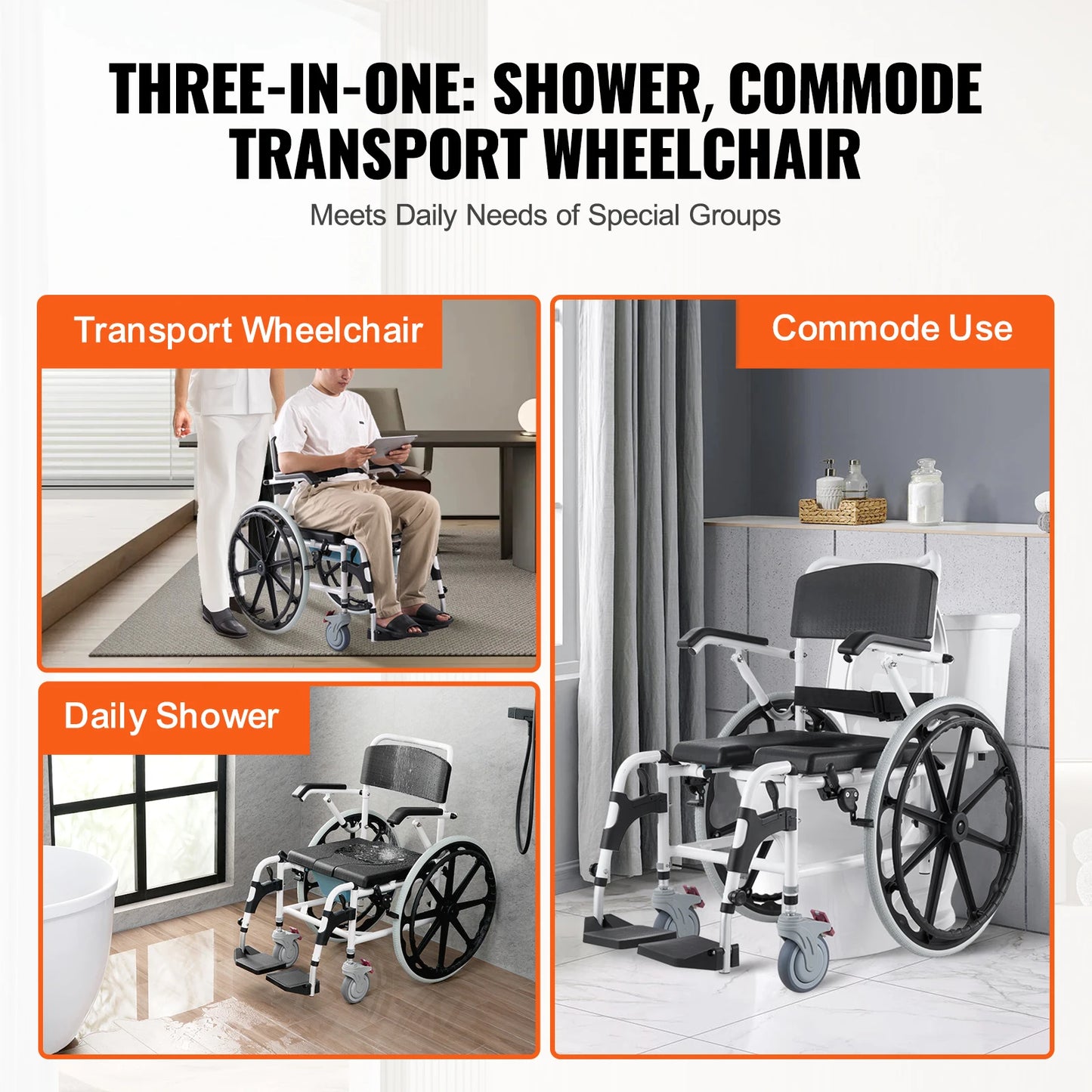 VEVOR 17.5in Shower Wheelchair – Adjustable Rolling Bathroom Chair for Disabled Adults, 300 lbs Capacity