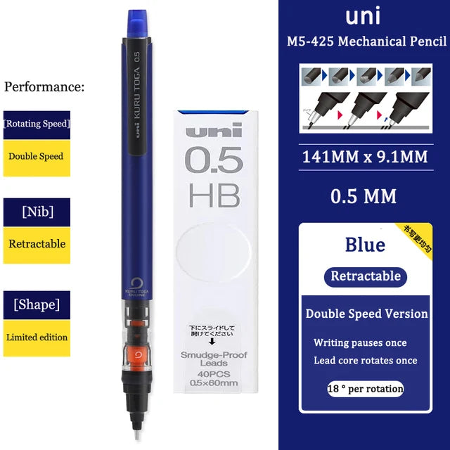UNI KURU TOGA M5-452 Mechanical Pencil 0.5mm – Rotating Lead Automatic Pencil for Continuous Writing & Sketching