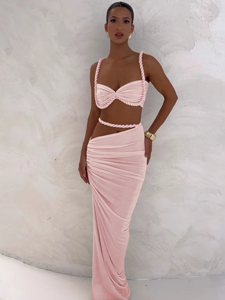 Women’s Woven Two-Piece Vacation Set – Pleated Crop Camisole & High Waist Maxi Skirt Sexy Summer Outfit Matching Set