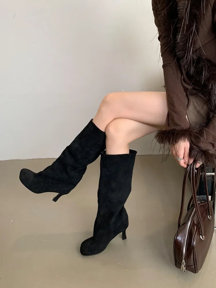 Eilyken Winter Street Style Knee-High Boots – Round Toe, Punk Thin High Heels, Fashionable Women's Long Booties