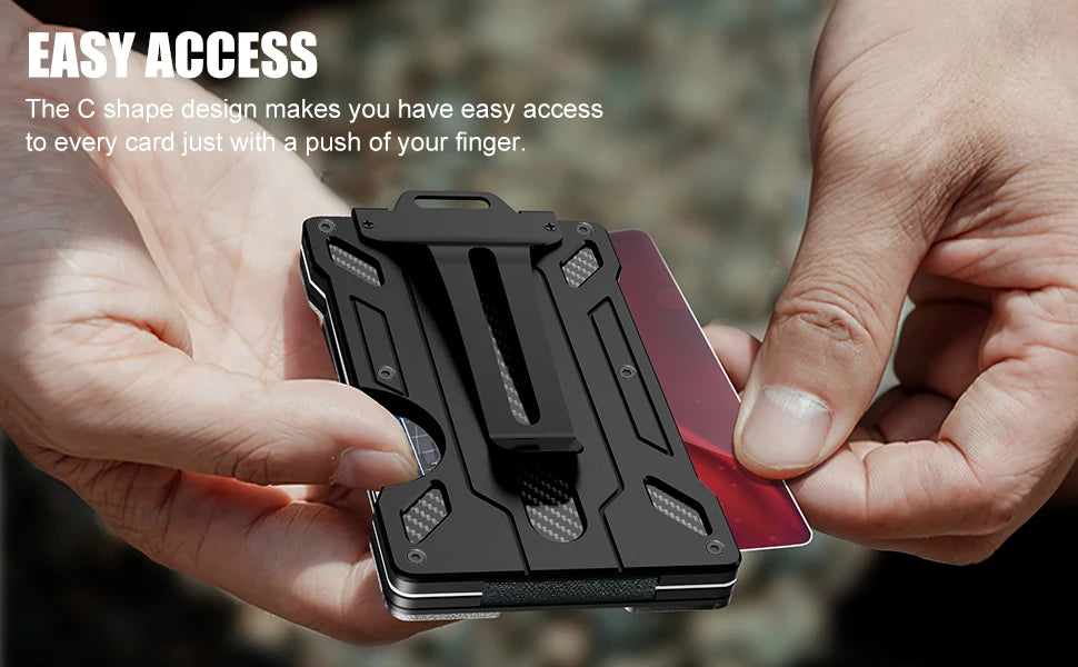 Slim Aluminum Minimalist Wallet for Men — RFID Blocking Money Clip with Clear ID Holder, Holds 15 Cards
