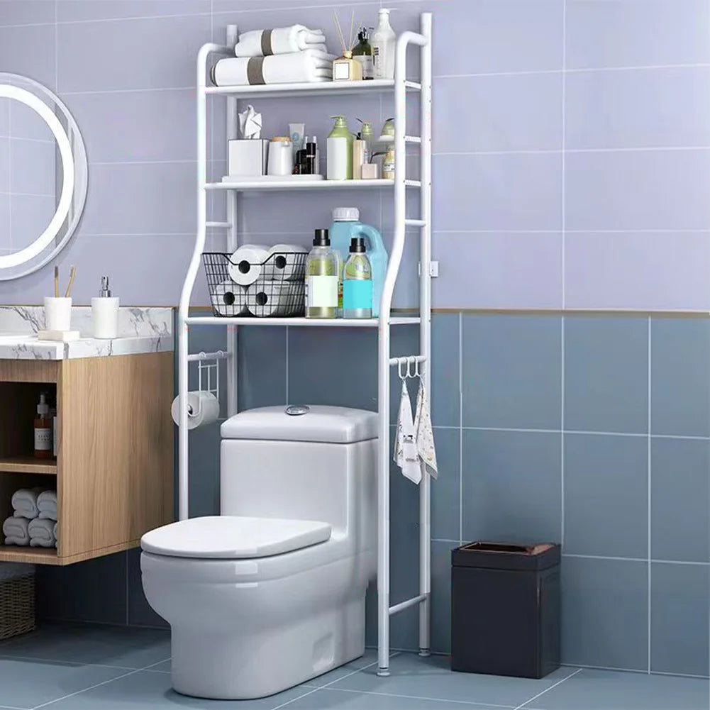 Metal Over-The-Toilet Storage Rack – Bathroom Organizer with Towel Hooks & Toilet Paper Holder