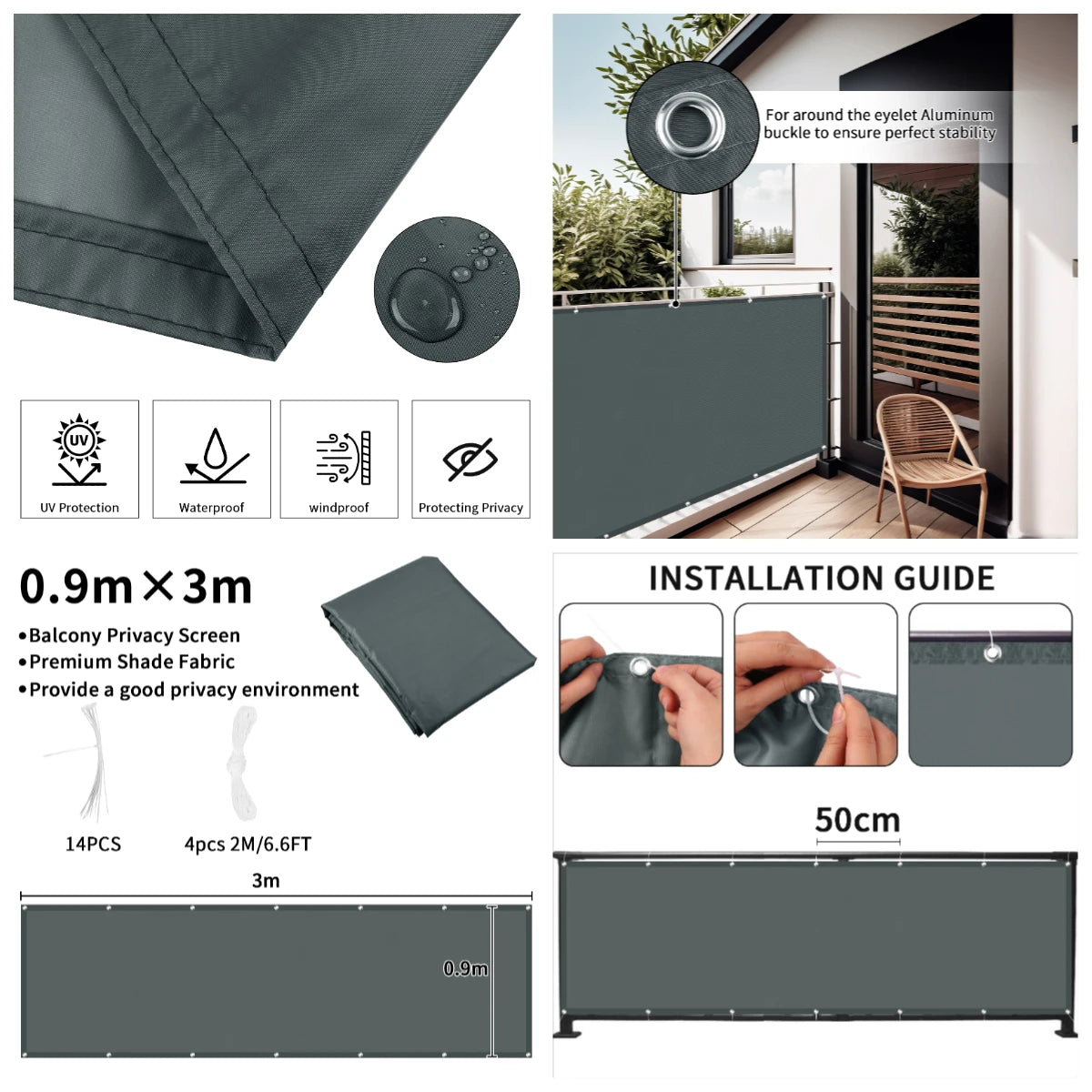 Balcony Privacy Screen Fence Cover with Grommets – Waterproof UV Protection Sunshade Cloth for Patio, Garden & Outdoor Shelter