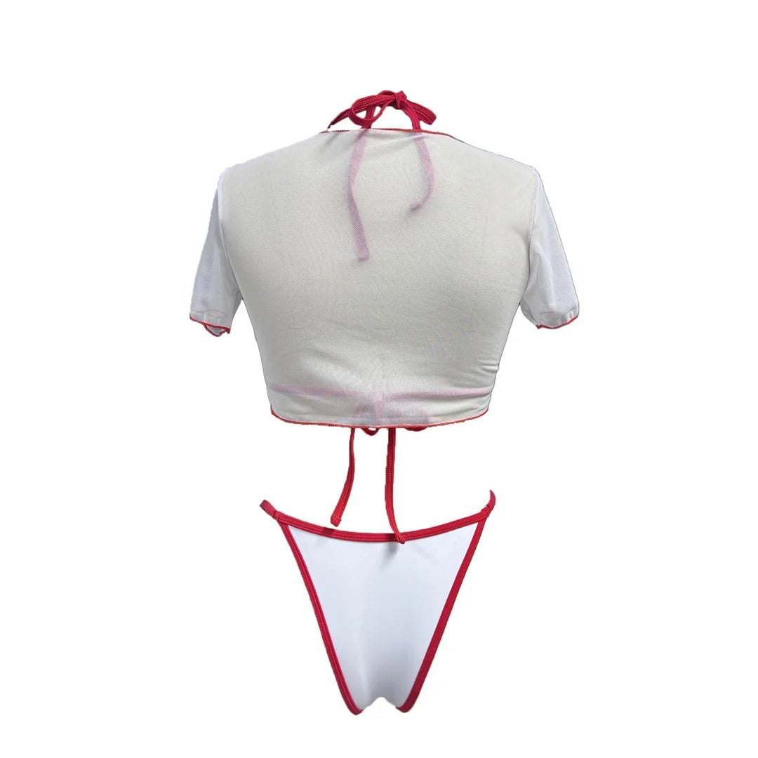 Women’s Cherry Print Three-Piece Bikini Set — Short Sleeve Swimsuit XS-L