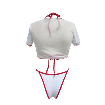 Women’s Cherry Print Three-Piece Bikini Set — Short Sleeve Swimsuit XS-L