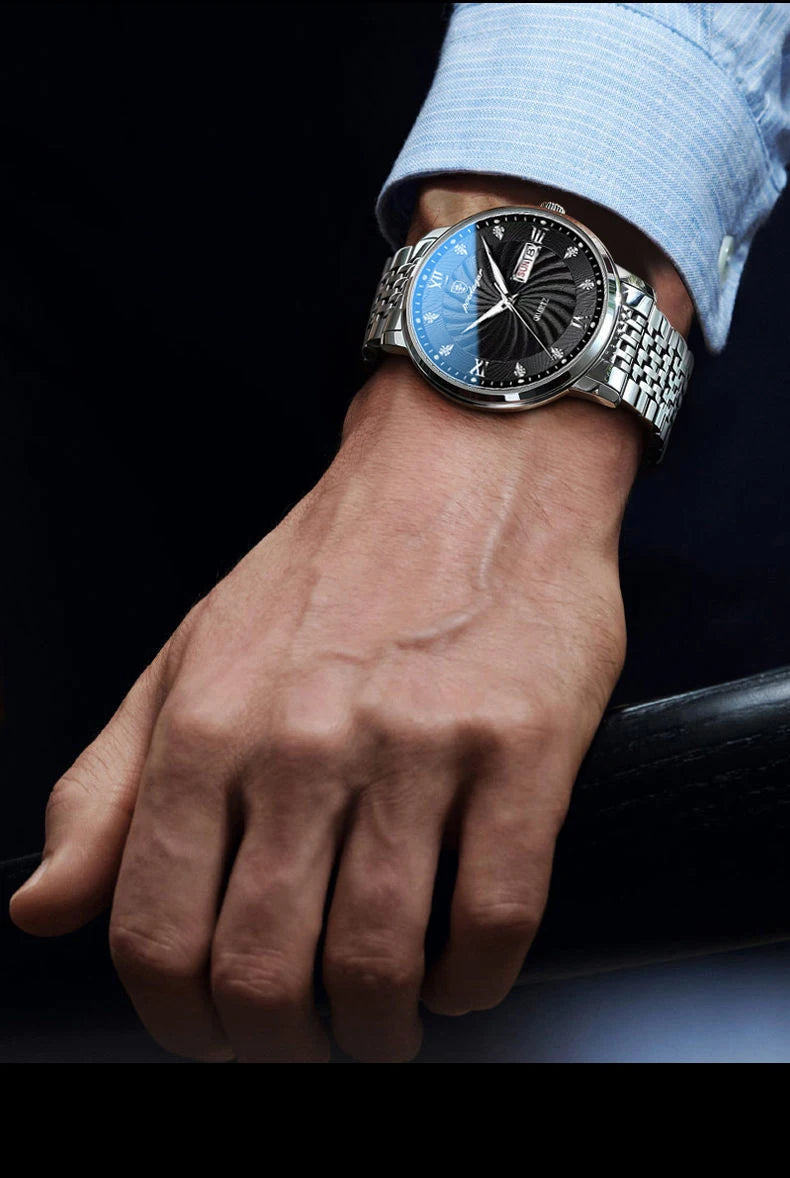 POEDAGAR Luxury Men's Watch — Waterproof Luminous Quartz Wristwatch with Date & Week, Stainless Steel Sports Fashion