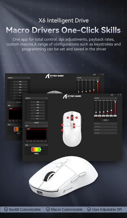 Attack Shark X6 PAW3395 Bluetooth Gaming Mouse — Tri-Mode Connection with RGB Touch, Magnetic Charging Base & Macro Functions