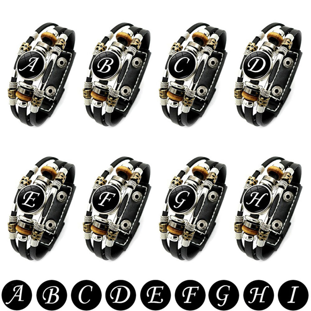 A-Z English Letters Leather Bracelet - 26 Initial Cabochon Glass Snap Wristband for Men & Women, Couple Gift