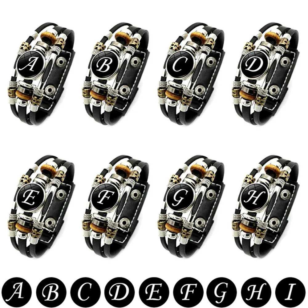 A-Z English Letters Leather Bracelet - 26 Initial Cabochon Glass Snap Wristband for Men & Women, Couple Gift